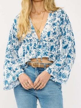 Blue Floral V-Neck Tie-Front Crop Blouse